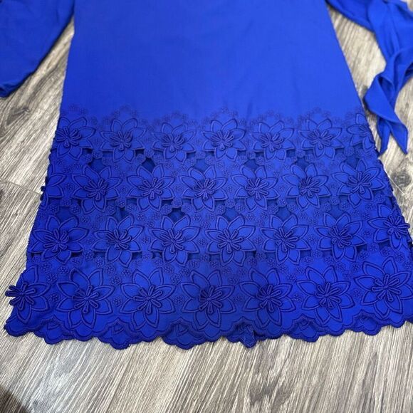 Tahari Royal Blue Long Tie Sleeve Floral Dress - Picture 2 of 7